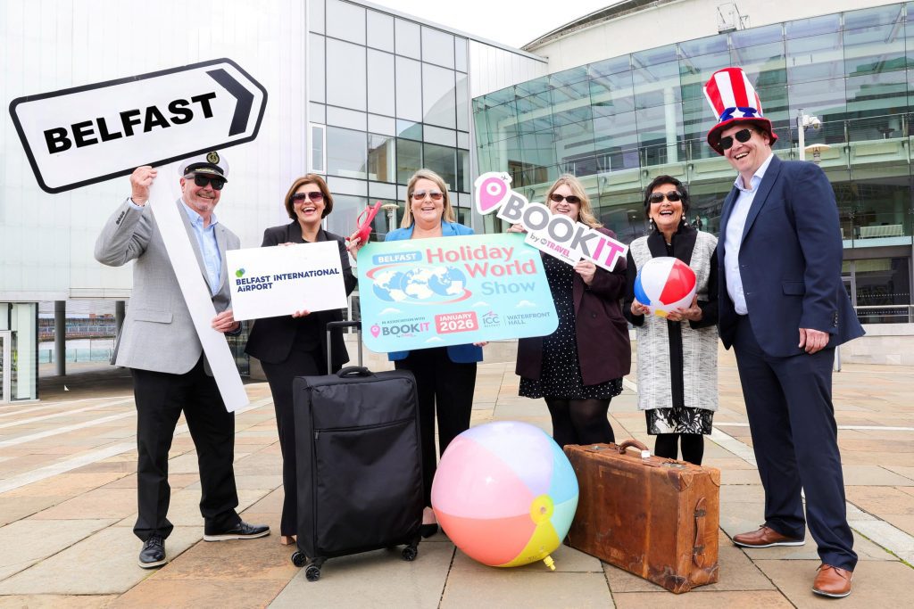 HOLIDAYS HERE WE COME: Having fun at the launch of the 33rd annual Holiday World Show Belfast in association with Bookit by NI Travel News are (l-r) Jonathan Adair from headline sponsor Bookit by NI Travel News, Deborah Harris, Belfast International Airport, Maria Hourican, CEO of event organiser Business Exhibitions Ltd (BizEx), Erin English, Bookit by NI Travel News, Maureen Ledwith and Shane Hourican, both BizEx. Northern Ireland’s biggest holiday fair makes a welcome return to ICC Belfast at The Waterfront Hall from Friday, January ,9 until Sunda,y January 11