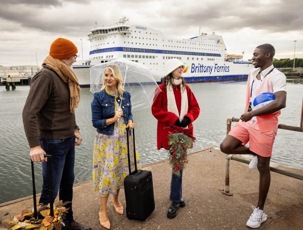 ***REPRO FREE***<br />
20th September 2023<br />
ÒFour Seasons of FerriesÓ<br />
(left/right) Aidan Moloney, Assumpta Cahill, Niamh Crowley, and Ashley Okoro pictured alongside the M.V. Armorique, celebrating the announcement of an extended Brittany Ferries schedule between Ireland and France, with sailings now taking place during all seasons of the year. The announcement further reinforces the company's long term commitment to Ireland. To find out more and to book tickets, please visit www.brittany-ferries.
