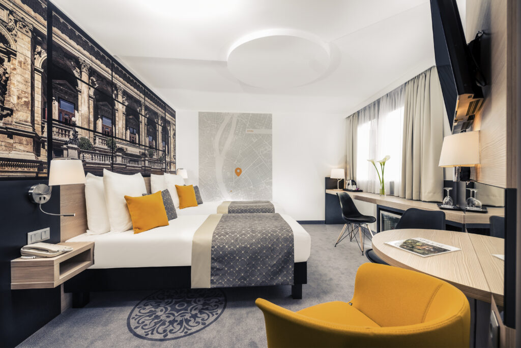 Modern hotel room with stylish decor